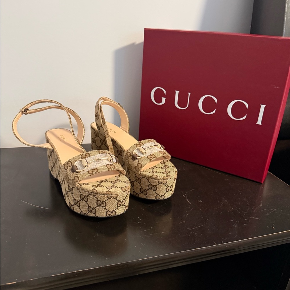 Gucci Monogram Beige Platform Heels